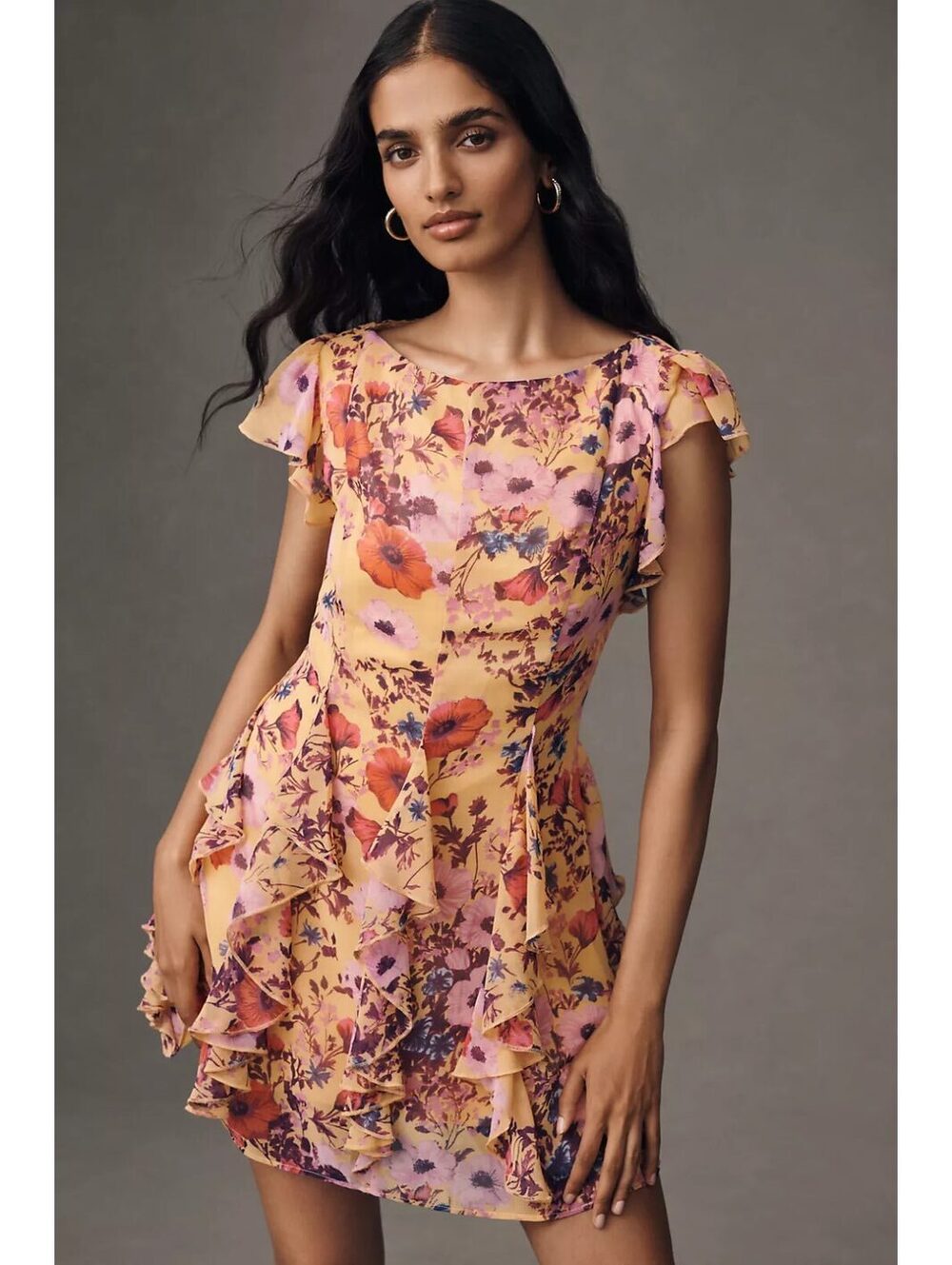 BHLDN SLEEVELESS RUFFLED CHIFFON MINI DRESS